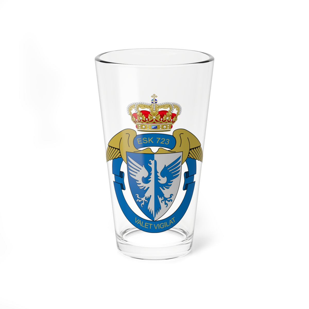 Flat vector heraldic crest with a silver and blue eagle on a split shield, a crown above, and gold wings.