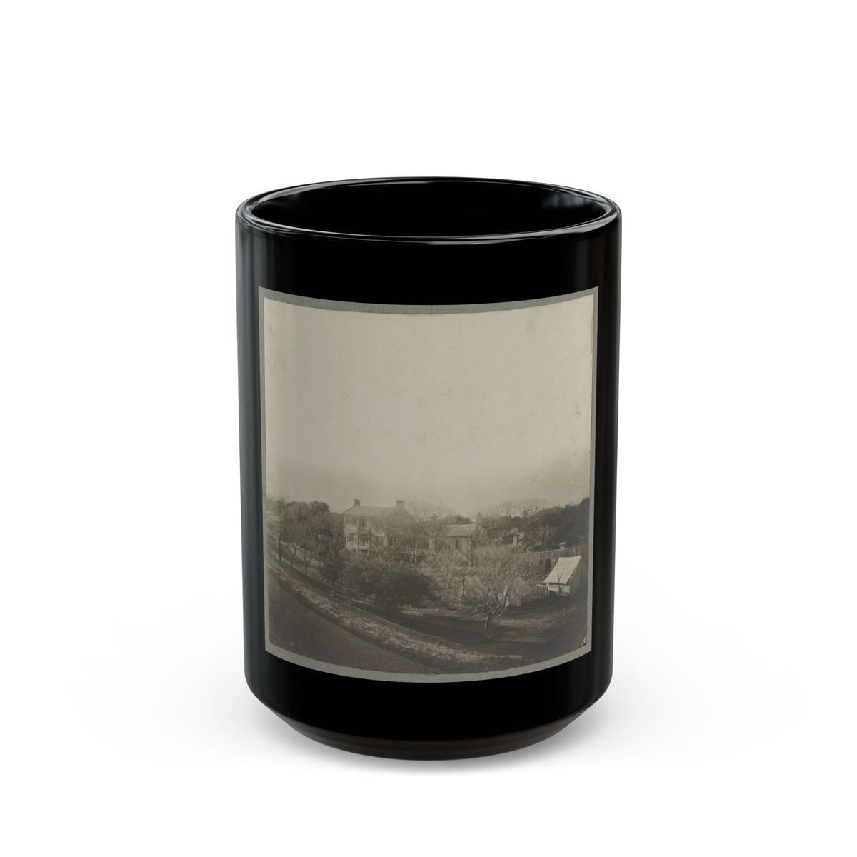An Aerial View Of A House, Tents, And Other Buildings Partly Obscured By Trees (U.S. Civil War) Black Coffee Mug