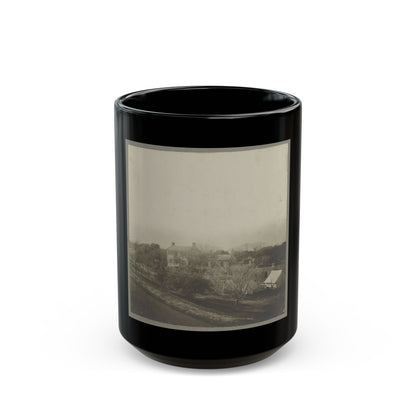 An Aerial View Of A House, Tents, And Other Buildings Partly Obscured By Trees (U.S. Civil War) Black Coffee Mug