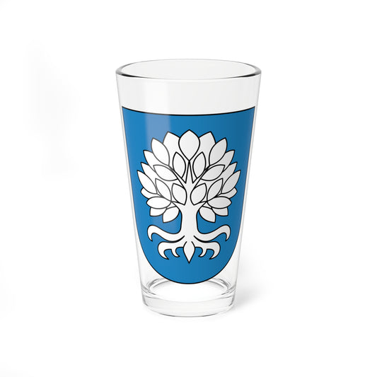 White stylised tree with a fan-shaped leafy crown and spreading roots on a blue heraldic shield.