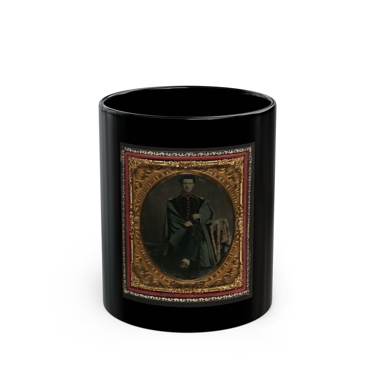 Private William P. Haberlin Of Battery B, Pennsylvania Light Artillery In Uniform With Shoulder Scales And Great Coat (U.S. Civil War) Black Coffee Mug