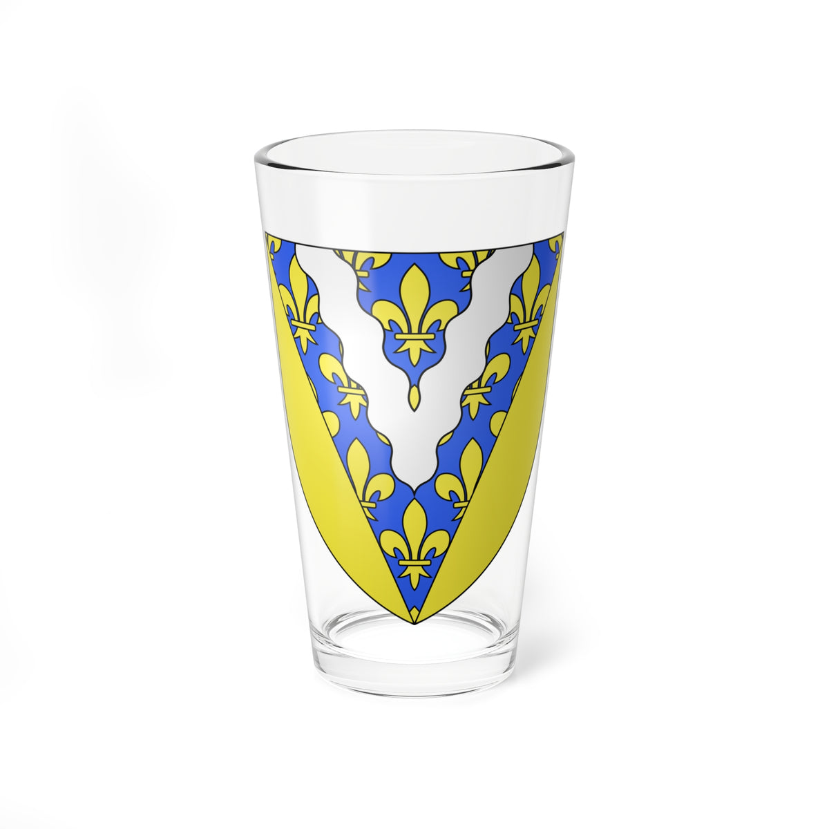 Heraldic shield with a gold chevron, a blue field scattered with gold fleurs-de-lis and a wavy white chevron.