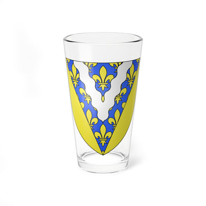 Heraldic shield with a gold chevron, a blue field scattered with gold fleurs-de-lis and a wavy white chevron.