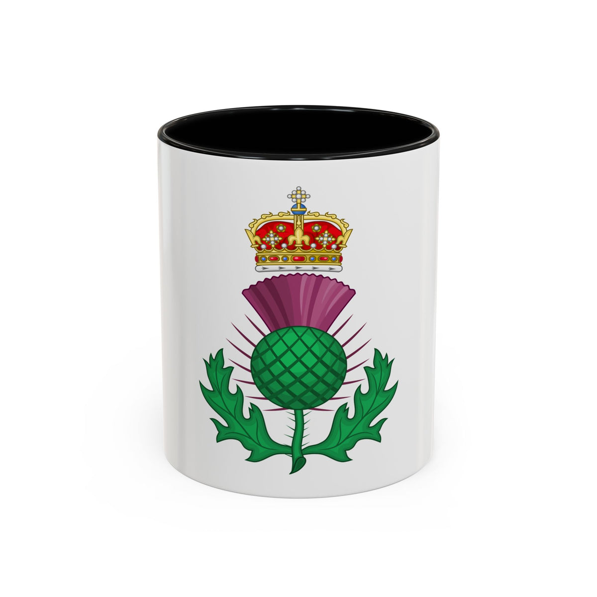 A stylised purple thistle with green leaves, topped by a gold crown with a red velvet cap and jewels.