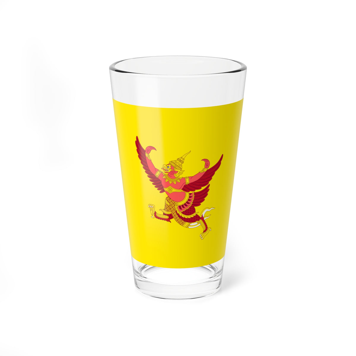 Red garuda with outstretched wings and a gold crown in mid-flight against a plain bright yellow background.