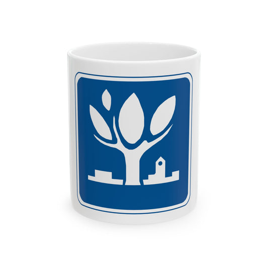 White tree and buildings pictogram on a dark blue rounded square with a white border, and no lettering.
