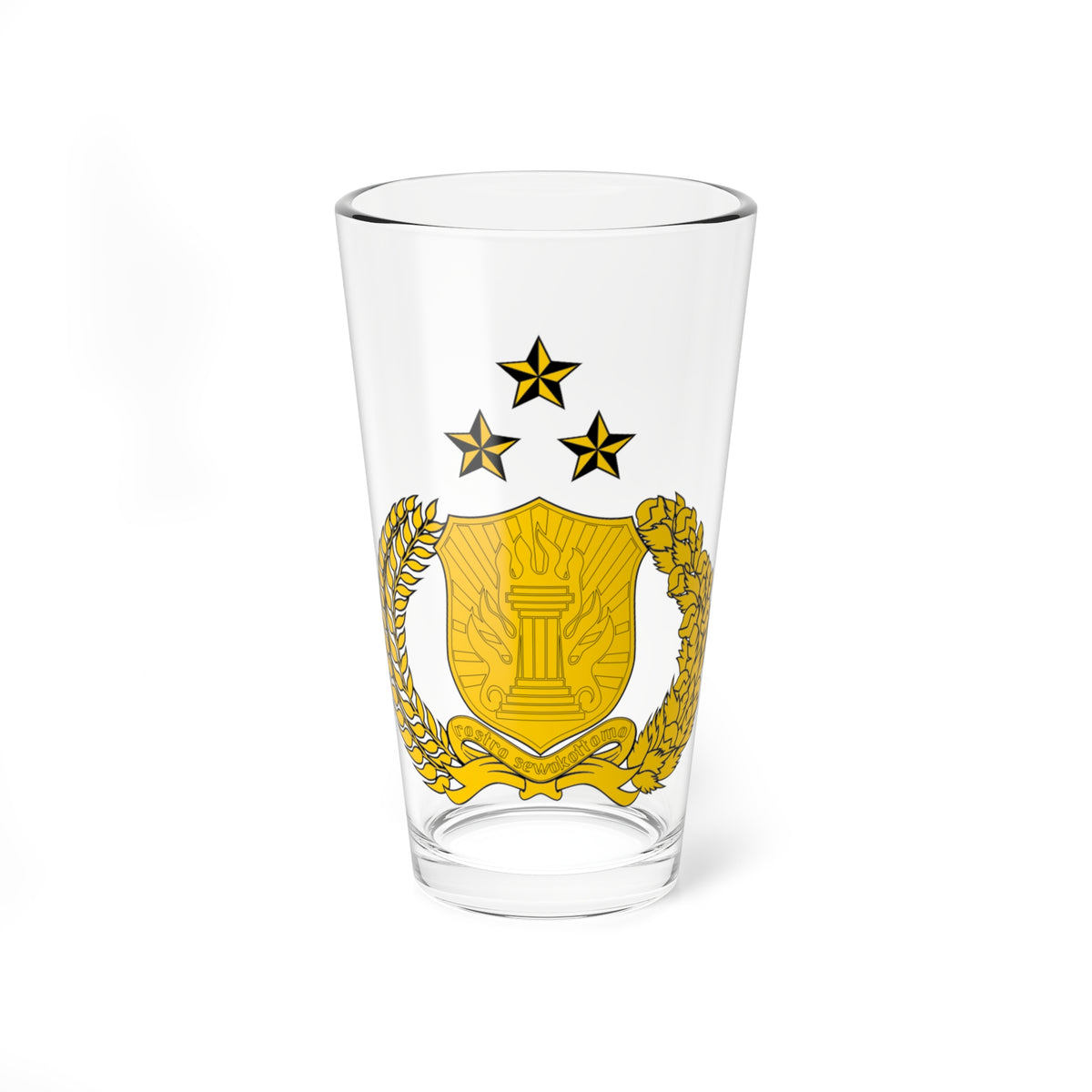 Gold heraldic badge with three stars, a shield bearing a torch on a pillar, and a laurel wreath with a ribbon.