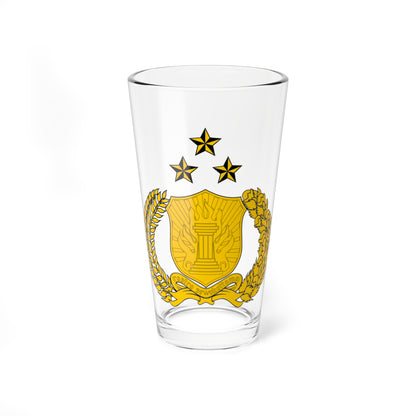 Gold heraldic badge with three stars, a shield bearing a torch on a pillar, and a laurel wreath with a ribbon.
