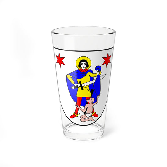 Flat vector heraldic shield with a haloed saint holding a sword, a kneeling figure and two red stars.