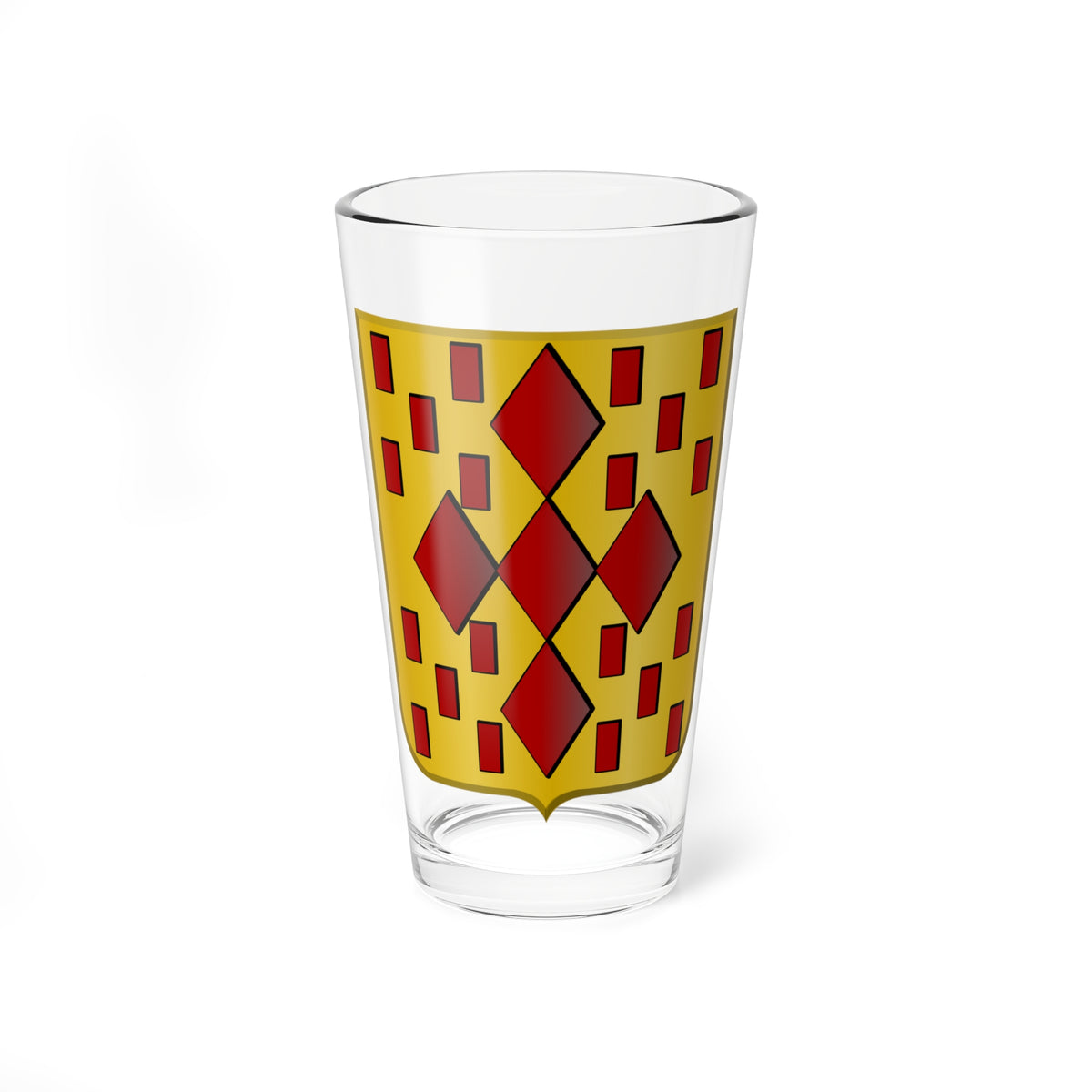 Gold heraldic shield patterned with red lozenges and small red rectangular billets in a repeating geometric layout.