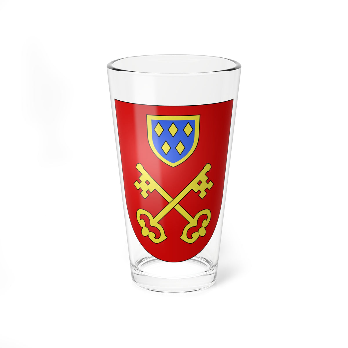 Red heraldic shield with two crossed gold keys and a small blue shield with five gold lozenges above.