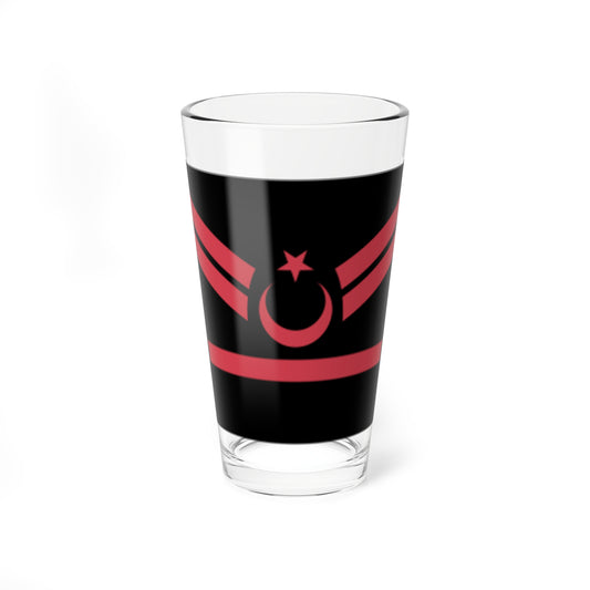 Flat vector red crescent and star with paired angled wing stripes above a horizontal bar on a black field.