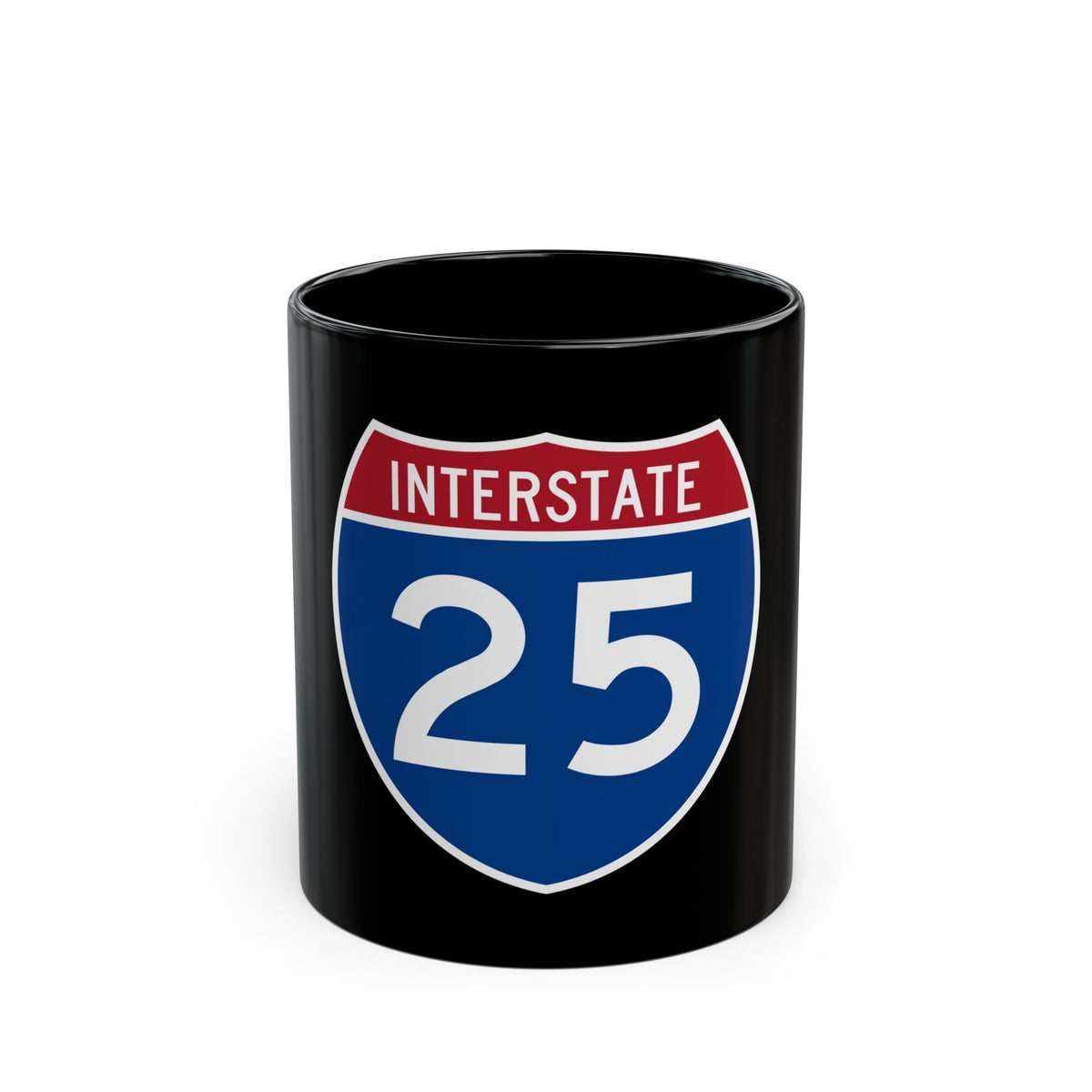 Interstate 25 route shield in flat vector: INTERSTATE across a red band, white number 25 on a deep blue field.