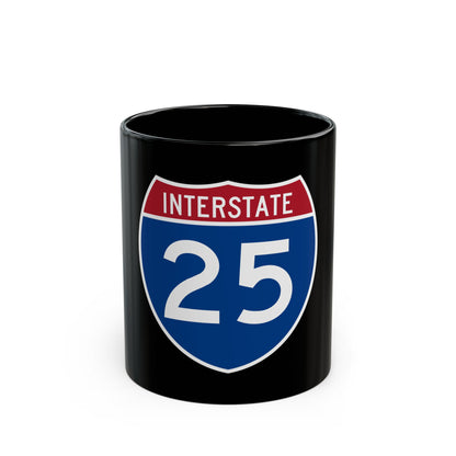Interstate 25 route shield in flat vector: INTERSTATE across a red band, white number 25 on a deep blue field.