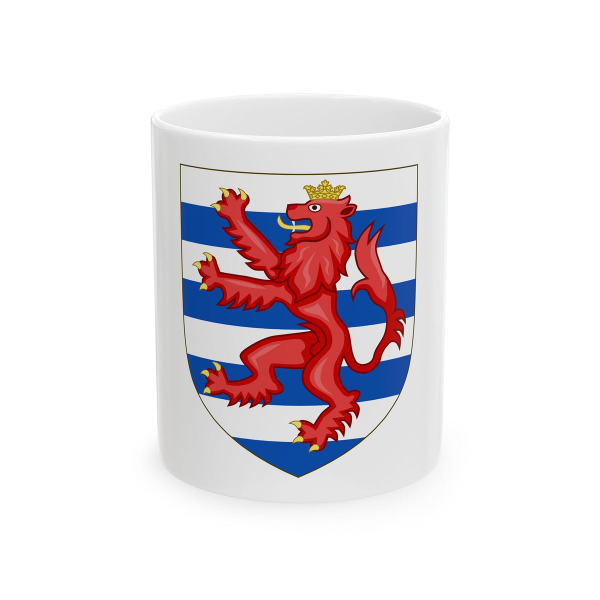 Red crowned lion rampant on a shield of white and blue horizontal stripes, in flat heraldic style.