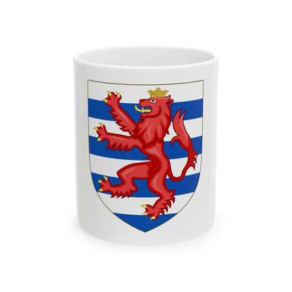 Red crowned lion rampant on a shield of white and blue horizontal stripes, in flat heraldic style.