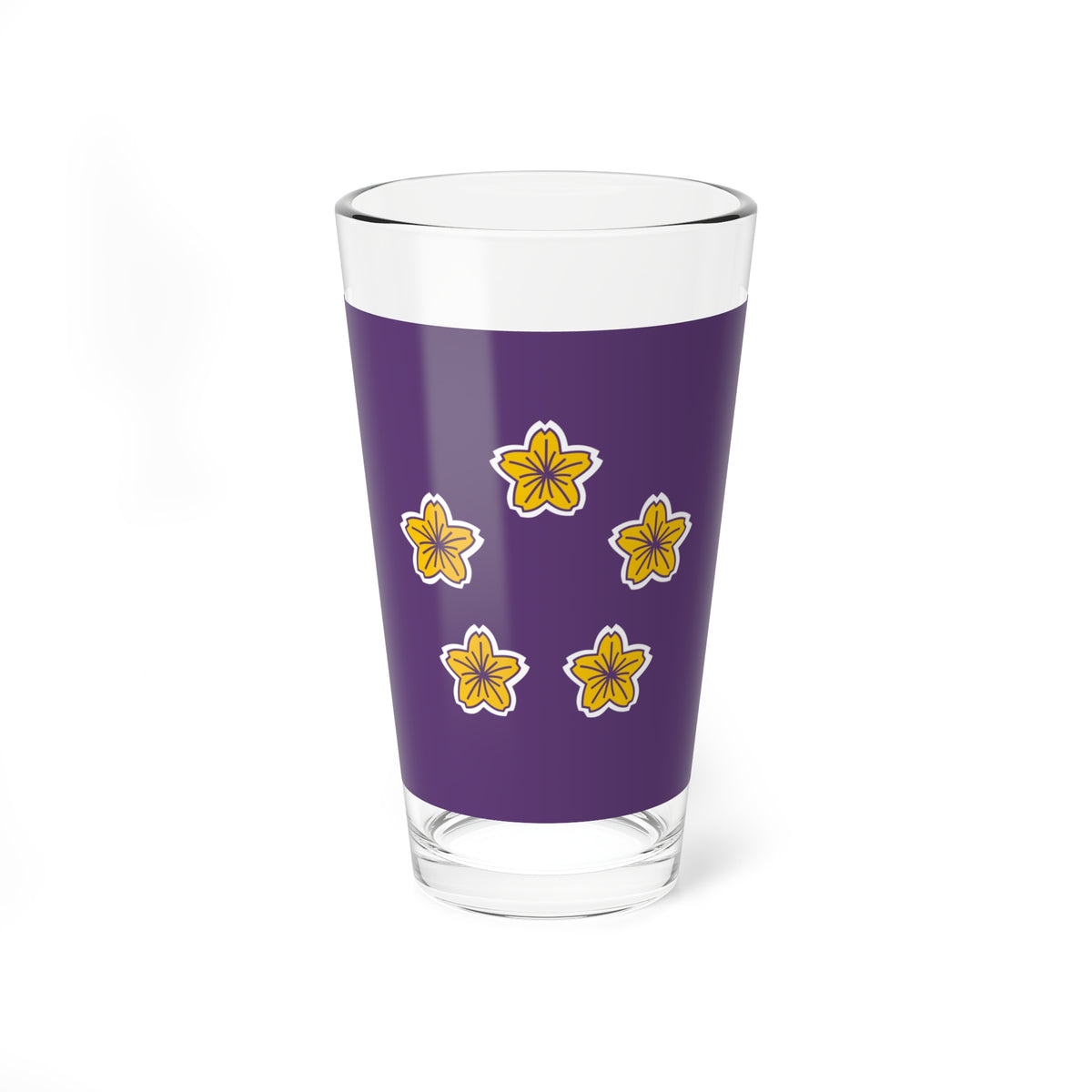 Five yellow cherry blossoms with white outlines in a circle on a solid purple background, minimalist botanical style.