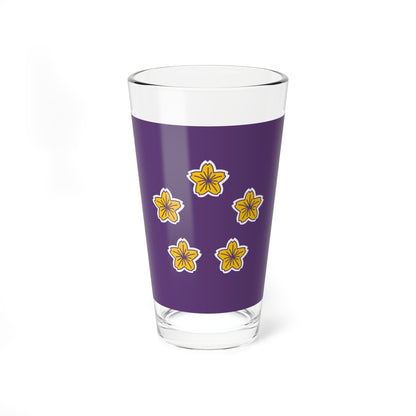 Five yellow cherry blossoms with white outlines in a circle on a solid purple background, minimalist botanical style.