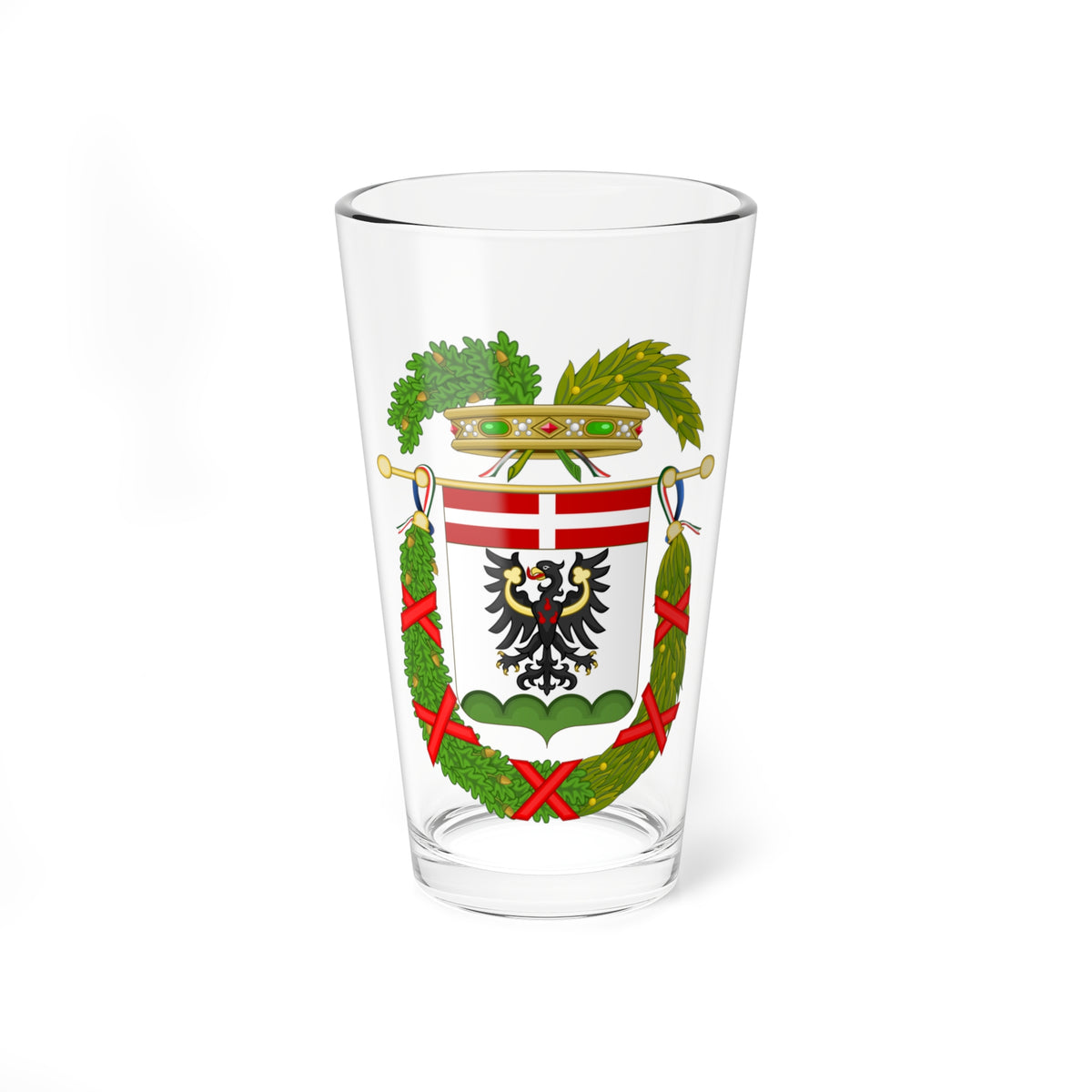 Coat of arms with a black eagle on white under red and white bands, framed by oak and laurel garlands.