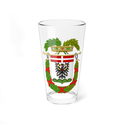 Coat of arms with a black eagle on white under red and white bands, framed by oak and laurel garlands.