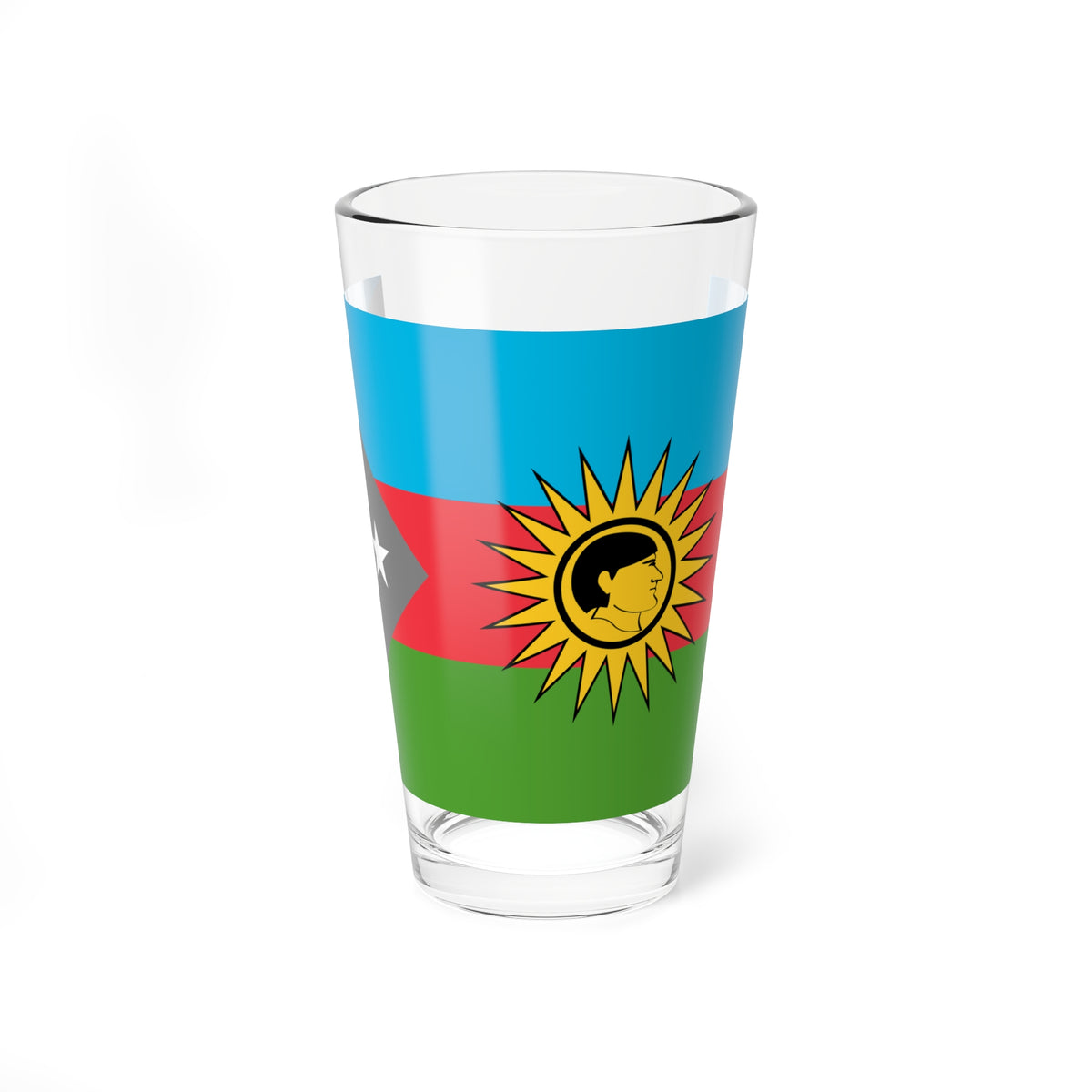 Flat flag with blue, red and green bands, a grey triangle with two white stars and a yellow spiked sun emblem.