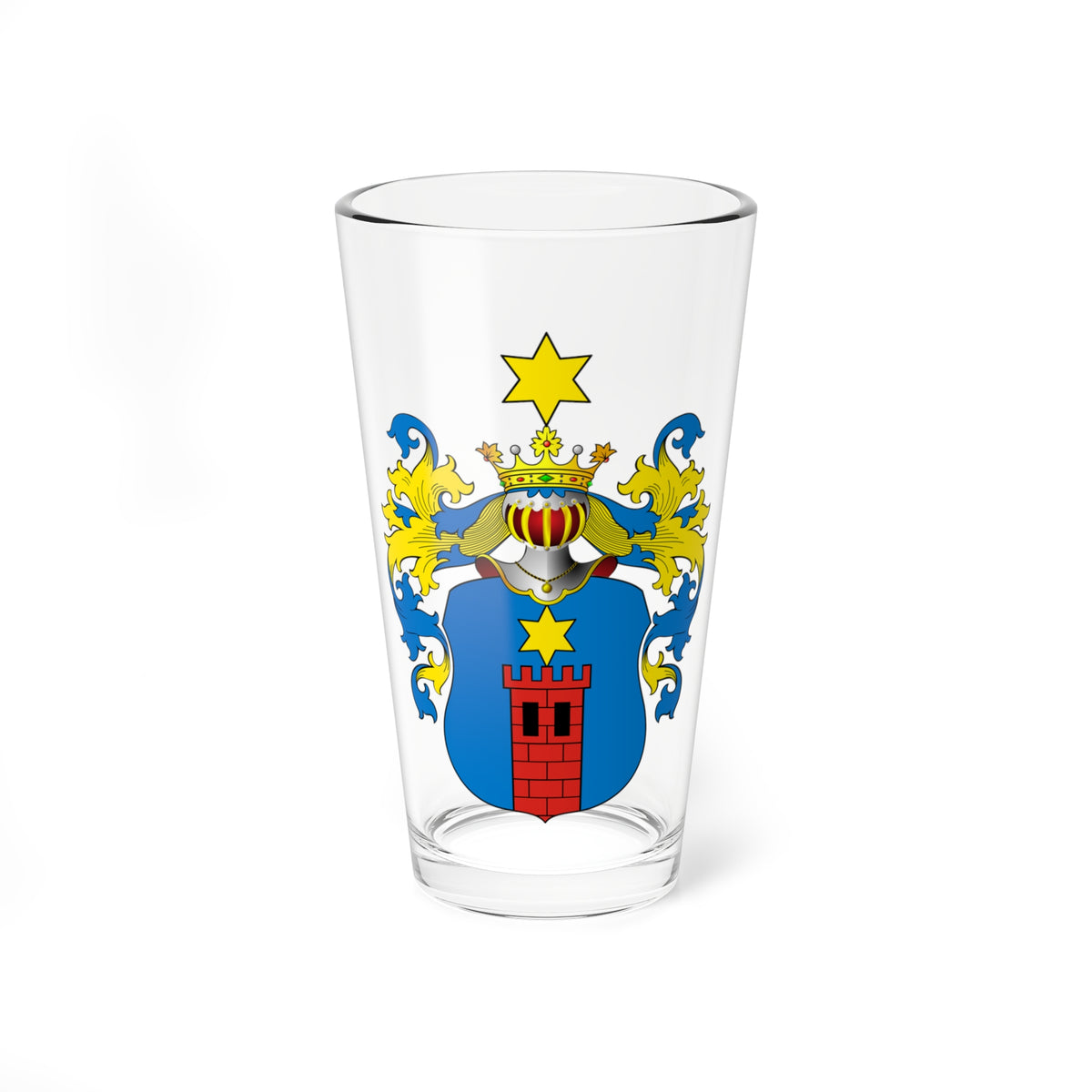 Blue heraldic coat of arms with a red brick tower, a gold six-pointed star and a gold crown above.