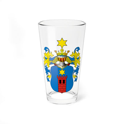 Blue heraldic coat of arms with a red brick tower, a gold six-pointed star and a gold crown above.