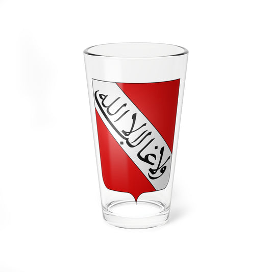 Red heraldic shield with a white diagonal band bearing black Arabic-script calligraphy.
