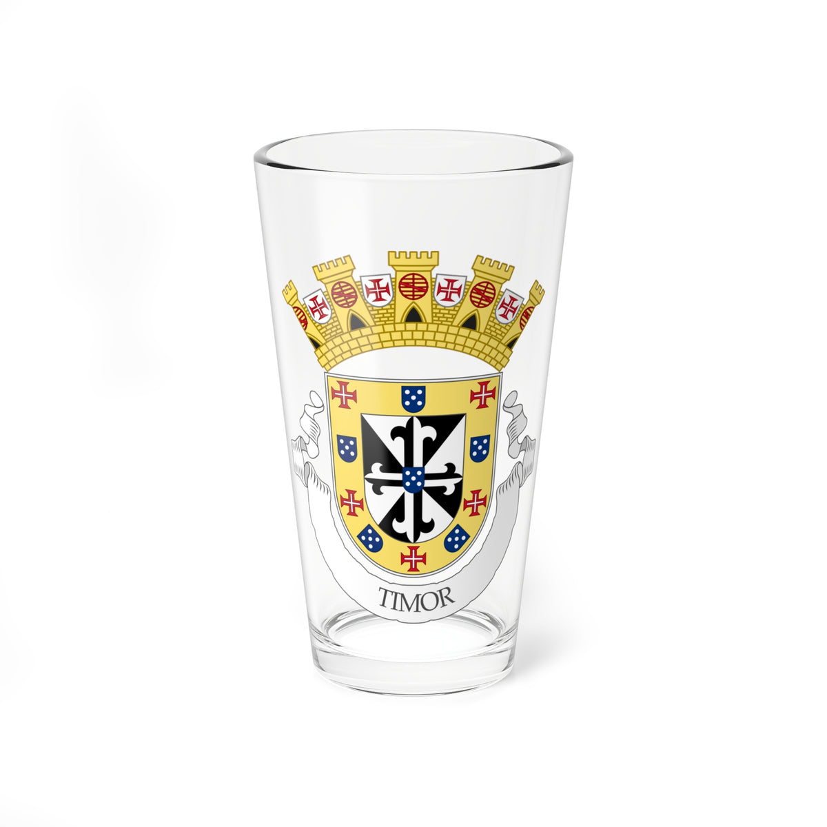 Heraldic shield with a gold mural crown, red crosses and blue spotted shields, with a white scroll reading TIMOR.