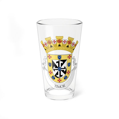 Heraldic shield with a gold mural crown, red crosses and blue spotted shields, with a white scroll reading TIMOR.