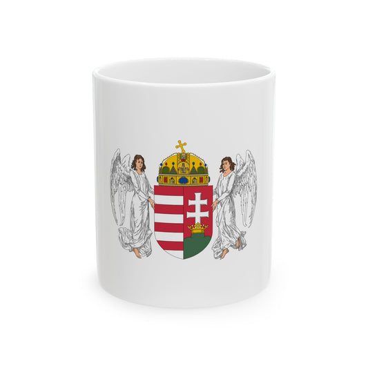 Coat of arms with a jewelled gold crown above a red and white striped shield with a double cross, flanked by two angels.