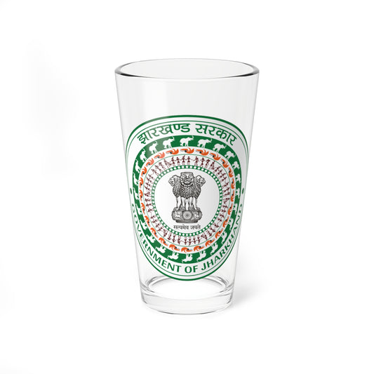 Circular green and white government seal with a lion capital, tribal figures and animals, and Hindi lettering.