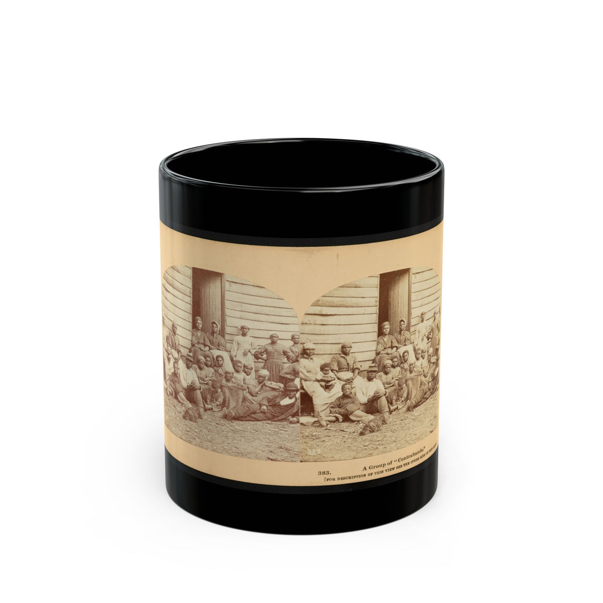Sepia stereoview of a group of people seated and standing before a clapboard building, printed as two panels.