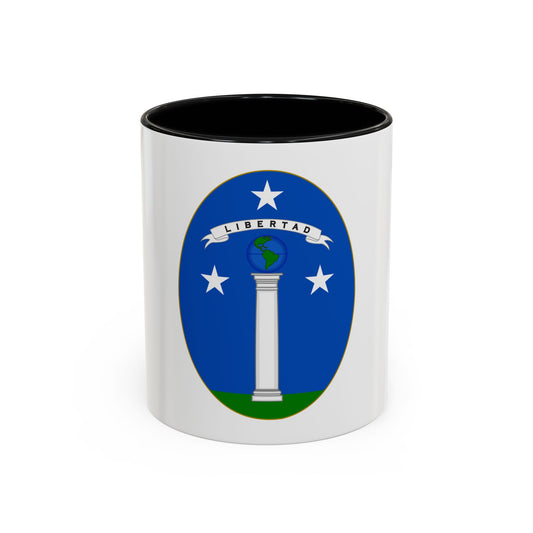 Flat vector oval emblem on blue with a white column topped by a globe, three stars and a LIBERTAD banner.