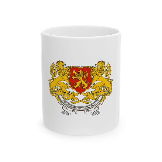 Coat of arms with a gold rampant lion on red, flanked by two gold lions, crossed swords and a Cyrillic banner beneath.