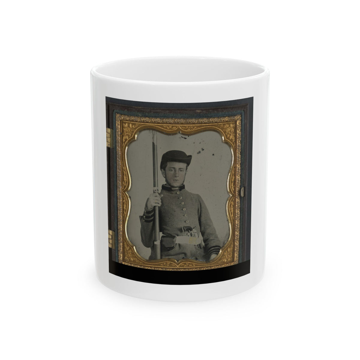 Private Peter Lauck Kurtz Of Company A, 5th Virginia Infantry Regiment, In Uniform With Musket And Revolver (U.S. Civil War) White Coffee Mug