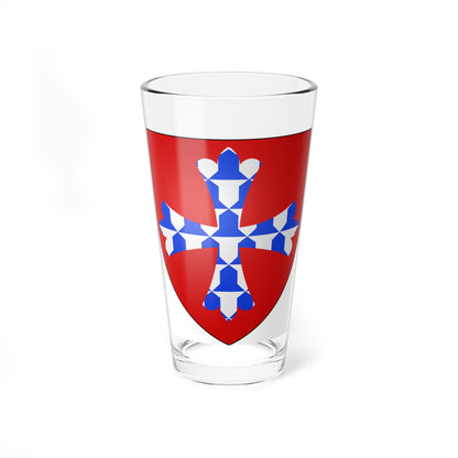 Red heraldic shield with a white and blue checkered cross whose arm ends are shaped like trefoil clovers.