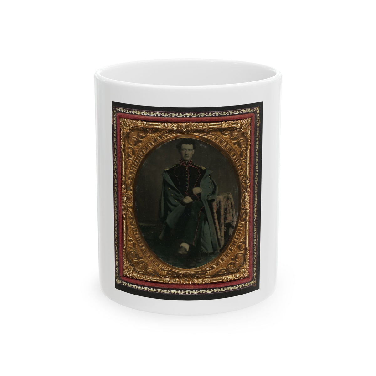 Private William P. Haberlin Of Battery B, Pennsylvania Light Artillery In Uniform With Shoulder Scales And Great Coat (U.S. Civil War) White Coffee Mug