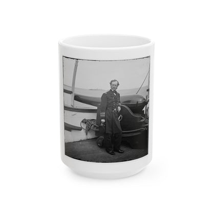 Charleston Harbor, S.C. Rear Admiral John A. Dahlgren Standing By A Dahlgren Gun On Deck Of U.S.S. Pawnee (U.S. Civil War) White Coffee Mug