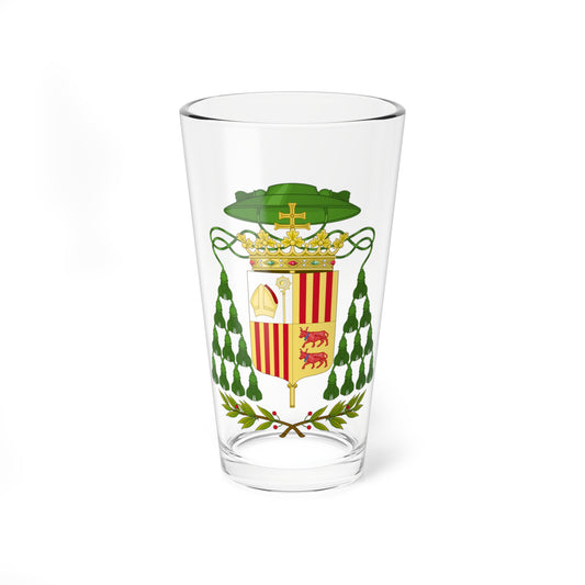 Ecclesiastical coat of arms with a green galero and tassels, a gold crown, a quartered shield and laurel branches.