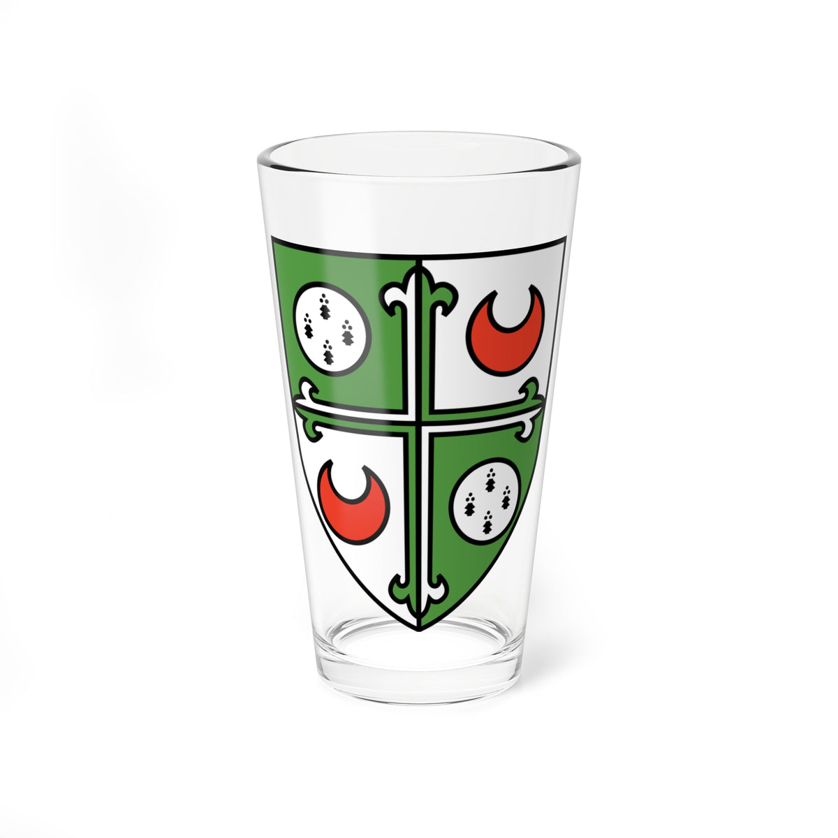 Green and white quartered heraldic shield with a cross moline, two red crescents and two white roundels.