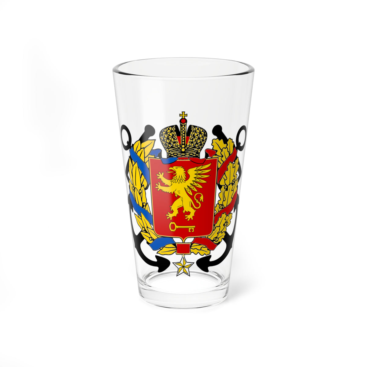 Heraldic emblem with a golden griffin on a red shield, a key, an imperial crown and black anchors in laurel wreaths.