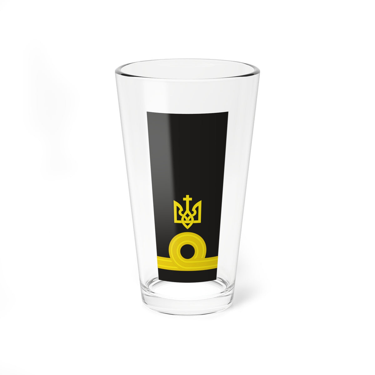 Yellow trident emblem above a gold ring and gold bars on a plain charcoal background.
