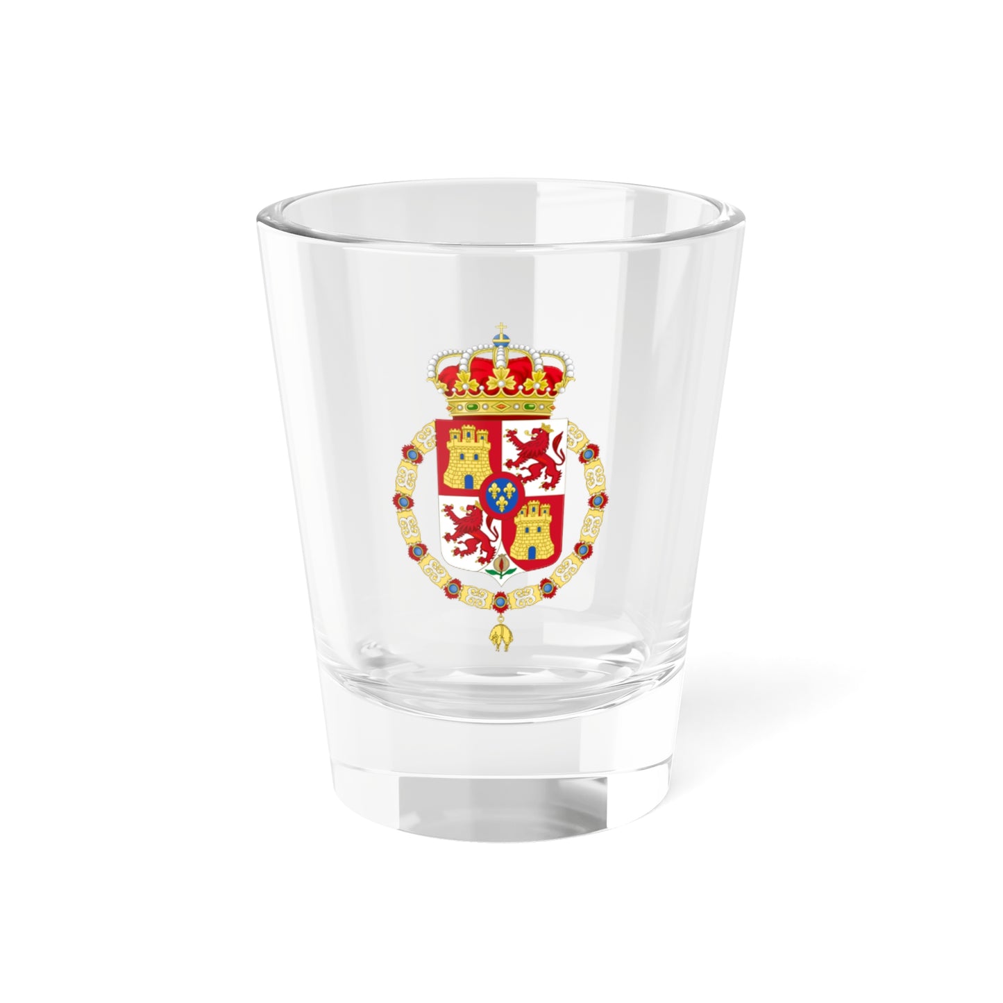 Lesser Royal Coat of Arms of Spain 1700-1868 and 1834-1930 Golden Fleece Variant (Spain) (Coat of Arms) Shot Glass 1.5oz