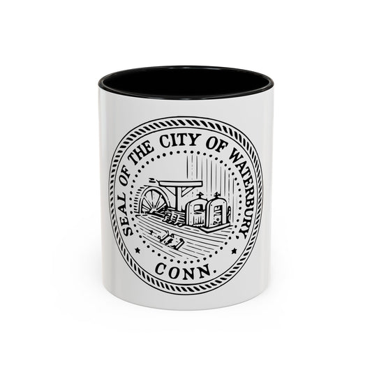 Black and white seal of Waterbury, Connecticut with a water wheel and mill buildings inside a rope border.