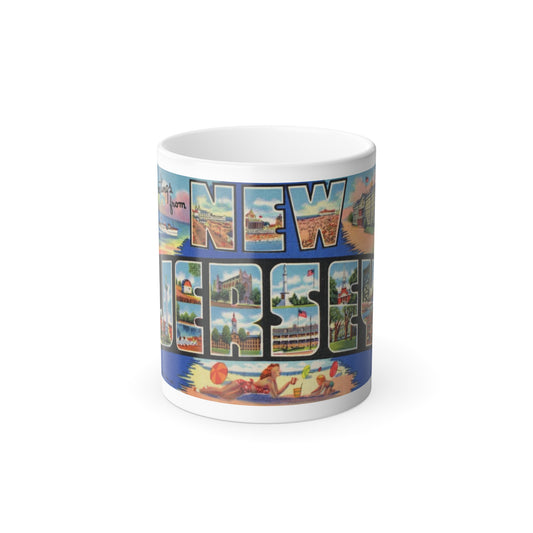Vintage linen postcard spelling NEW JERSEY, with state landmarks inside the letters and a beach scene below.