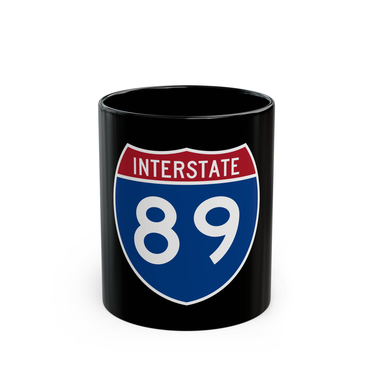 Flat vector US Interstate 89 route shield with a red top band reading INTERSTATE and white numerals 89 on navy.