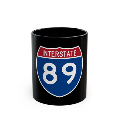 Flat vector US Interstate 89 route shield with a red top band reading INTERSTATE and white numerals 89 on navy.