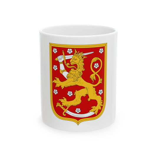Red shield with a gold crowned lion holding a sword, scattered with white roses and framed by a gold border.