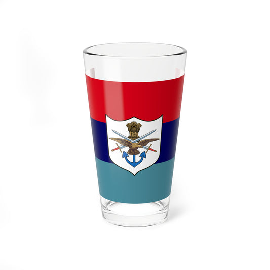 Red, navy and sky blue horizontal flag with a white shield at its centre bearing the Indian Armed Forces crest.